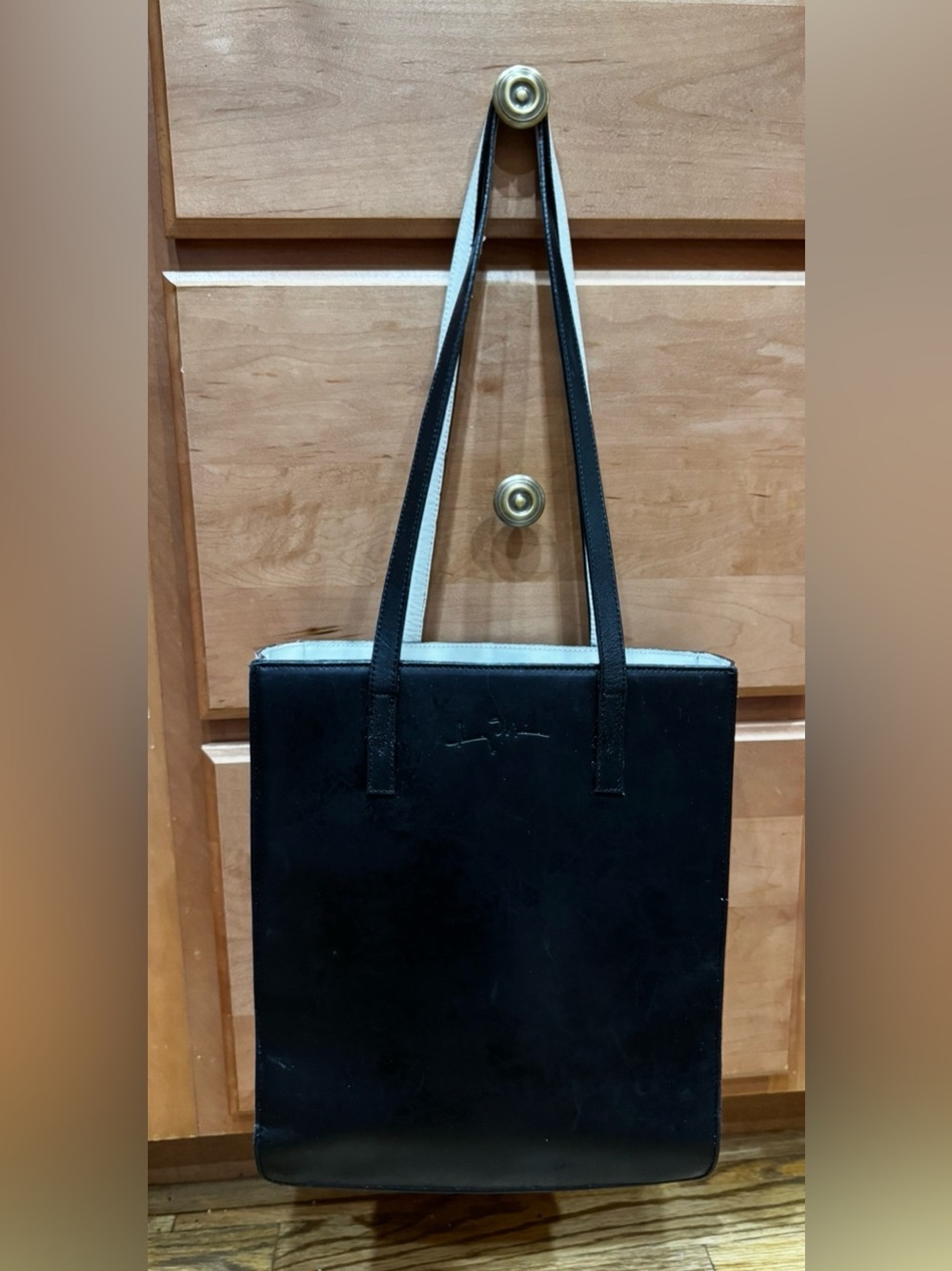 Perry Ellis Black Leather Tote Bag with Contrast Interior